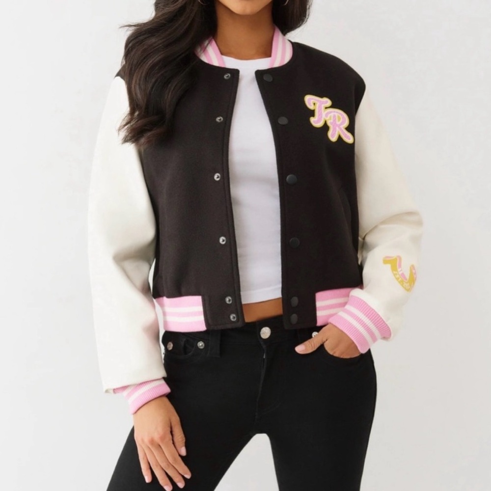 NWT True Religion Black and White Varsity Jacket Size M 🖤🩷💛